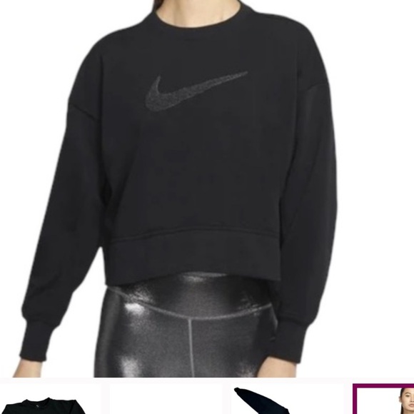 NIKE WOMENS BLACK OVERSIZED MED. CROP LONGSLEEVE SWEATER W/ GRAY TEXTURED SWOOSH - Picture 6 of 6
